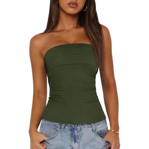 imageBTFBM Womens Strapless Tube Tops Spring Summer Clothes 2026 Trendy Casual Ruched Stretchy Going Out Bodycon Bandeau TopArmy Green