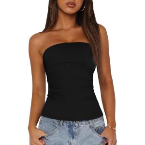 imageBTFBM Womens Strapless Tube Tops Spring Summer Clothes 2026 Trendy Casual Ruched Stretchy Going Out Bodycon Bandeau TopBlack