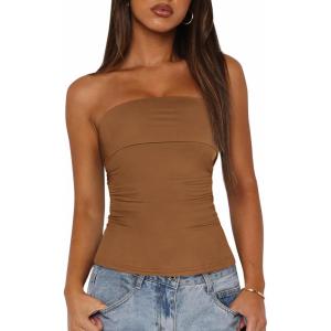 imageBTFBM Womens Strapless Tube Tops Spring Summer Clothes 2026 Trendy Casual Ruched Stretchy Going Out Bodycon Bandeau TopBrown