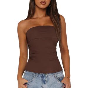 imageBTFBM Womens Strapless Tube Tops Spring Summer Clothes 2026 Trendy Casual Ruched Stretchy Going Out Bodycon Bandeau TopCoffee