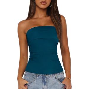 imageBTFBM Womens Strapless Tube Tops Spring Summer Clothes 2026 Trendy Casual Ruched Stretchy Going Out Bodycon Bandeau TopDark Blue