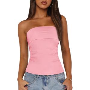 imageBTFBM Womens Strapless Tube Tops Spring Summer Clothes 2026 Trendy Casual Ruched Stretchy Going Out Bodycon Bandeau TopPink