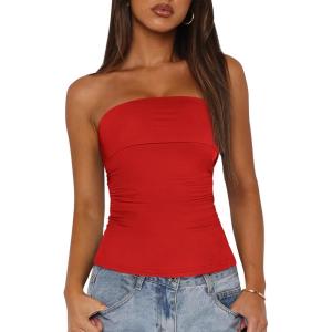 imageBTFBM Womens Strapless Tube Tops Spring Summer Clothes 2026 Trendy Casual Ruched Stretchy Going Out Bodycon Bandeau TopRed