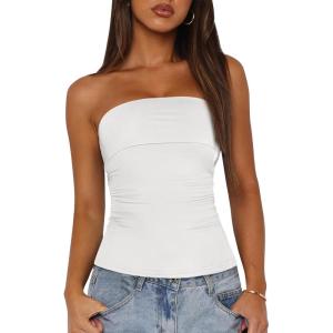 imageBTFBM Womens Strapless Tube Tops Spring Summer Clothes 2026 Trendy Casual Ruched Stretchy Going Out Bodycon Bandeau TopWhite