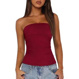 imageBTFBM Womens Strapless Tube Tops Spring Summer Clothes 2026 Trendy Casual Ruched Stretchy Going Out Bodycon Bandeau TopWine Red