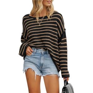 imageBTFBM Womens Striped Knit Sweaters 2026 Spring Fall Boat Neck Off Shoulder Long Sleeve Oversized Casual Pullover TopsStriped Black Khaki