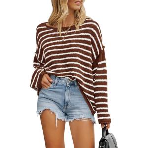 imageBTFBM Womens Striped Knit Sweaters 2026 Spring Fall Boat Neck Off Shoulder Long Sleeve Oversized Casual Pullover TopsStriped Coffee White