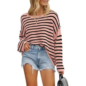 imageBTFBM Womens Striped Knit Sweaters 2026 Spring Fall Boat Neck Off Shoulder Long Sleeve Oversized Casual Pullover TopsStriped Pink Black
