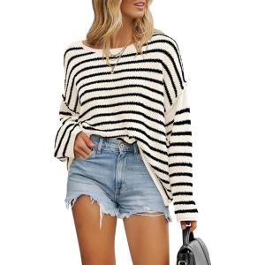 imageBTFBM Womens Striped Knit Sweaters 2026 Spring Fall Boat Neck Off Shoulder Long Sleeve Oversized Casual Pullover TopsStriped White Black