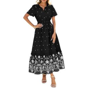 imageBTFBM Womens Summer Dresses 2026 Casual Short Sleeve Elastic Waist Flowy Beach Vacation Floral Boho Maxi Dress PocketsBlack White Flower