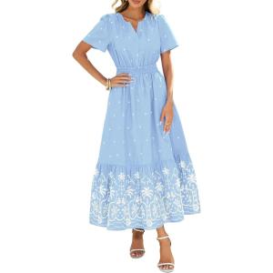 imageBTFBM Womens Summer Dresses 2026 Casual Short Sleeve Elastic Waist Flowy Beach Vacation Floral Boho Maxi Dress PocketsBlue White Flower