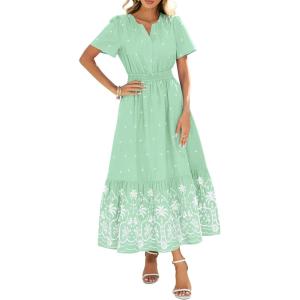 imageBTFBM Womens Summer Dresses 2026 Casual Short Sleeve Elastic Waist Flowy Beach Vacation Floral Boho Maxi Dress PocketsGrey Green White Flower