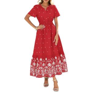 imageBTFBM Womens Summer Dresses 2026 Casual Short Sleeve Elastic Waist Flowy Beach Vacation Floral Boho Maxi Dress PocketsRed White Flower