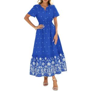 imageBTFBM Womens Summer Dresses 2026 Casual Short Sleeve Elastic Waist Flowy Beach Vacation Floral Boho Maxi Dress PocketsRoyal Blue White Flower