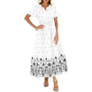 imageBTFBM Womens Summer Dresses 2026 Casual Short Sleeve Elastic Waist Flowy Beach Vacation Floral Boho Maxi Dress PocketsWhite Black Flower