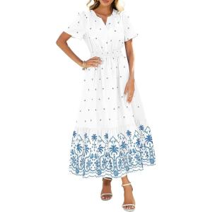 imageBTFBM Womens Summer Dresses 2026 Casual Short Sleeve Elastic Waist Flowy Beach Vacation Floral Boho Maxi Dress PocketsWhite Blue Flower