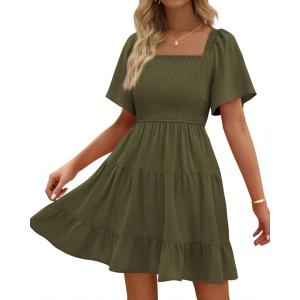 imageBTFBM Womens Summer Smocked Mini Dress Spring Square Neck Flutter Sleeve Casual Ruffle Swing Boho Beach Dresses PocketsArmy Green