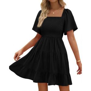 imageBTFBM Womens Summer Smocked Mini Dress Spring Square Neck Flutter Sleeve Casual Ruffle Swing Boho Beach Dresses PocketsBlack