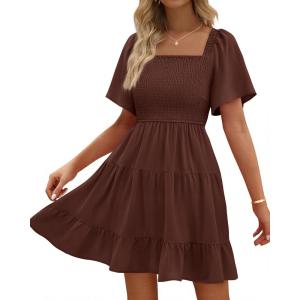 imageBTFBM Womens Summer Smocked Mini Dress Spring Square Neck Flutter Sleeve Casual Ruffle Swing Boho Beach Dresses PocketsBrown
