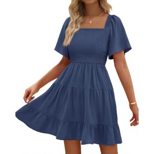 imageBTFBM Womens Summer Smocked Mini Dress Spring Square Neck Flutter Sleeve Casual Ruffle Swing Boho Beach Dresses PocketsGrey Blue