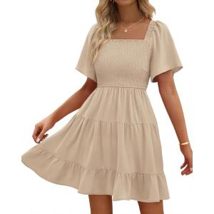 imageBTFBM Womens Summer Smocked Mini Dress Spring Square Neck Flutter Sleeve Casual Ruffle Swing Boho Beach Dresses PocketsKhaki