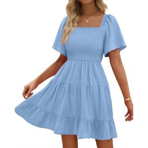 imageBTFBM Womens Summer Smocked Mini Dress Spring Square Neck Flutter Sleeve Casual Ruffle Swing Boho Beach Dresses PocketsLight Blue