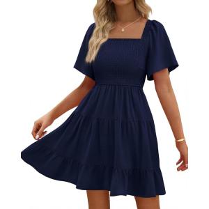 imageBTFBM Womens Summer Smocked Mini Dress Spring Square Neck Flutter Sleeve Casual Ruffle Swing Boho Beach Dresses PocketsNavy