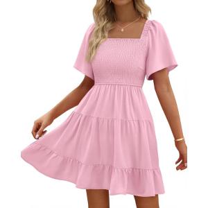 imageBTFBM Womens Summer Smocked Mini Dress Spring Square Neck Flutter Sleeve Casual Ruffle Swing Boho Beach Dresses PocketsPink