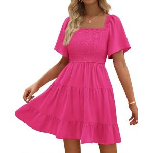 imageBTFBM Womens Summer Smocked Mini Dress Spring Square Neck Flutter Sleeve Casual Ruffle Swing Boho Beach Dresses PocketsRose Red