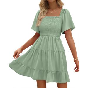 imageBTFBM Womens Summer Smocked Mini Dress Spring Square Neck Flutter Sleeve Casual Ruffle Swing Boho Beach Dresses PocketsSage Green