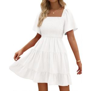 imageBTFBM Womens Summer Smocked Mini Dress Spring Square Neck Flutter Sleeve Casual Ruffle Swing Boho Beach Dresses PocketsWhite