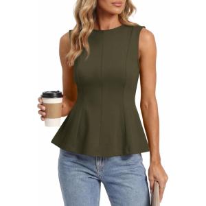imageBTFBM Womens Summer Tops 2026 Business Casual Outfits Crew Neck Sleeveless Shirts Slim Fit Peplum Tank TopDark Army Green