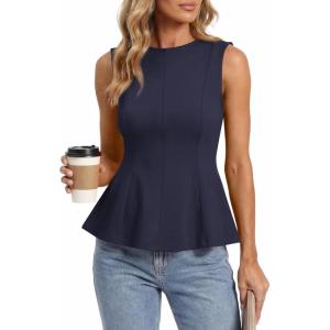 imageBTFBM Womens Summer Tops 2026 Business Casual Outfits Crew Neck Sleeveless Shirts Slim Fit Peplum Tank TopNavy