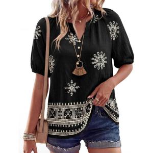 imageBTFBM Womens Summer Tops Boho V Neck Short Sleeve Dressy Casual Business Blouses Flowy Floral Print Shirt Trendy 2026Floral Black Apricot