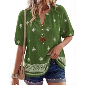 imageBTFBM Womens Summer Tops Boho V Neck Short Sleeve Dressy Casual Business Blouses Flowy Floral Print Shirt Trendy 2026Floral Green White