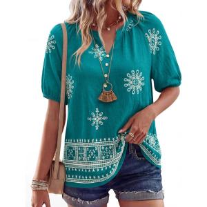 imageBTFBM Womens Summer Tops Boho V Neck Short Sleeve Dressy Casual Business Blouses Flowy Floral Print Shirt Trendy 2026Floral Lake Blue White