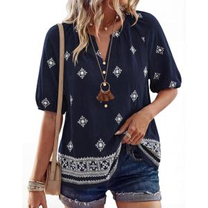 imageBTFBM Womens Summer Tops Boho V Neck Short Sleeve Dressy Casual Business Blouses Flowy Floral Print Shirt Trendy 2026Floral Navy Apricot