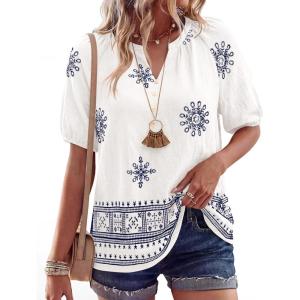 imageBTFBM Womens Summer Tops Boho V Neck Short Sleeve Dressy Casual Business Blouses Flowy Floral Print Shirt Trendy 2026Floral White Navy