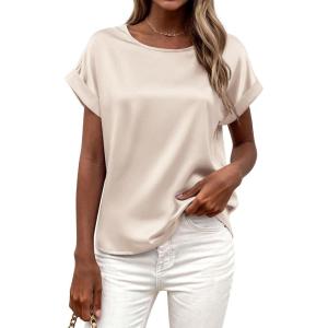 imageBTFBM Womens Summer Tops Satin Blouses Dressy Casual Crewneck Short Sleeve Shirts 2026 Spring Work Business OutfitsBeige