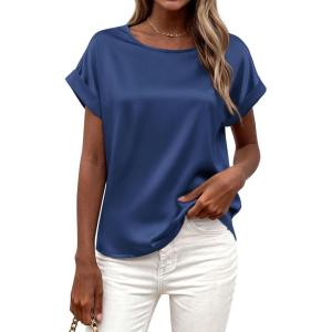 imageBTFBM Womens Summer Tops Satin Blouses Dressy Casual Crewneck Short Sleeve Shirts 2026 Spring Work Business OutfitsDark Grey Blue