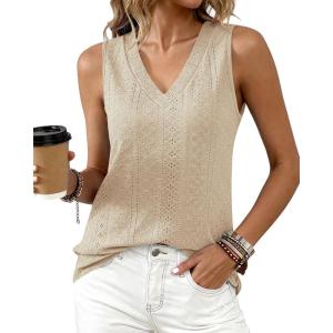 imageBTFBM Womens Tank Tops 2026 Summer Eyelet Crossed V Neck Sleeveless Casual Loose Fit Basic Spring Top Vacation OutfitsLight Khaki