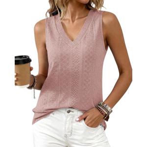imageBTFBM Womens Tank Tops 2026 Summer Eyelet Crossed V Neck Sleeveless Casual Loose Fit Basic Spring Top Vacation OutfitsPink