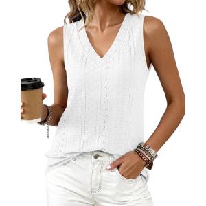 imageBTFBM Womens Tank Tops 2026 Summer Eyelet Crossed V Neck Sleeveless Casual Loose Fit Basic Spring Top Vacation OutfitsWhite