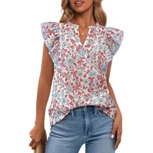 imageBTFBM Womens Tops Dressy Casual 2026 Spring Summer Shirts Boho Floral V Neck Ruffle Cap Sleeve Business Work BlousesFloral Beige Multi