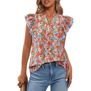 imageBTFBM Womens Tops Dressy Casual 2026 Spring Summer Shirts Boho Floral V Neck Ruffle Cap Sleeve Business Work BlousesFloral Black Red