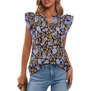 imageBTFBM Womens Tops Dressy Casual 2026 Spring Summer Shirts Boho Floral V Neck Ruffle Cap Sleeve Business Work BlousesFloral Blue
