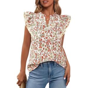 imageBTFBM Womens Tops Dressy Casual 2026 Spring Summer Shirts Boho Floral V Neck Ruffle Cap Sleeve Business Work BlousesFloral Orange Yellow