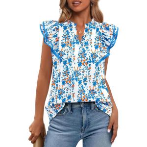 imageBTFBM Womens Tops Dressy Casual 2026 Spring Summer Shirts Boho Floral V Neck Ruffle Cap Sleeve Business Work BlousesFloral White Blue