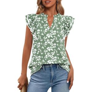 imageBTFBM Womens Tops Dressy Casual 2026 Spring Summer Shirts Boho Floral V Neck Ruffle Cap Sleeve Business Work BlousesLeaves Light Green