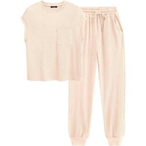 imageBTFBM Womens Two Piece Tracksuit Outfits Summer Short Sleeve Tops Long Pants Jogger Lounge Matching Sets SweatsuitApricot